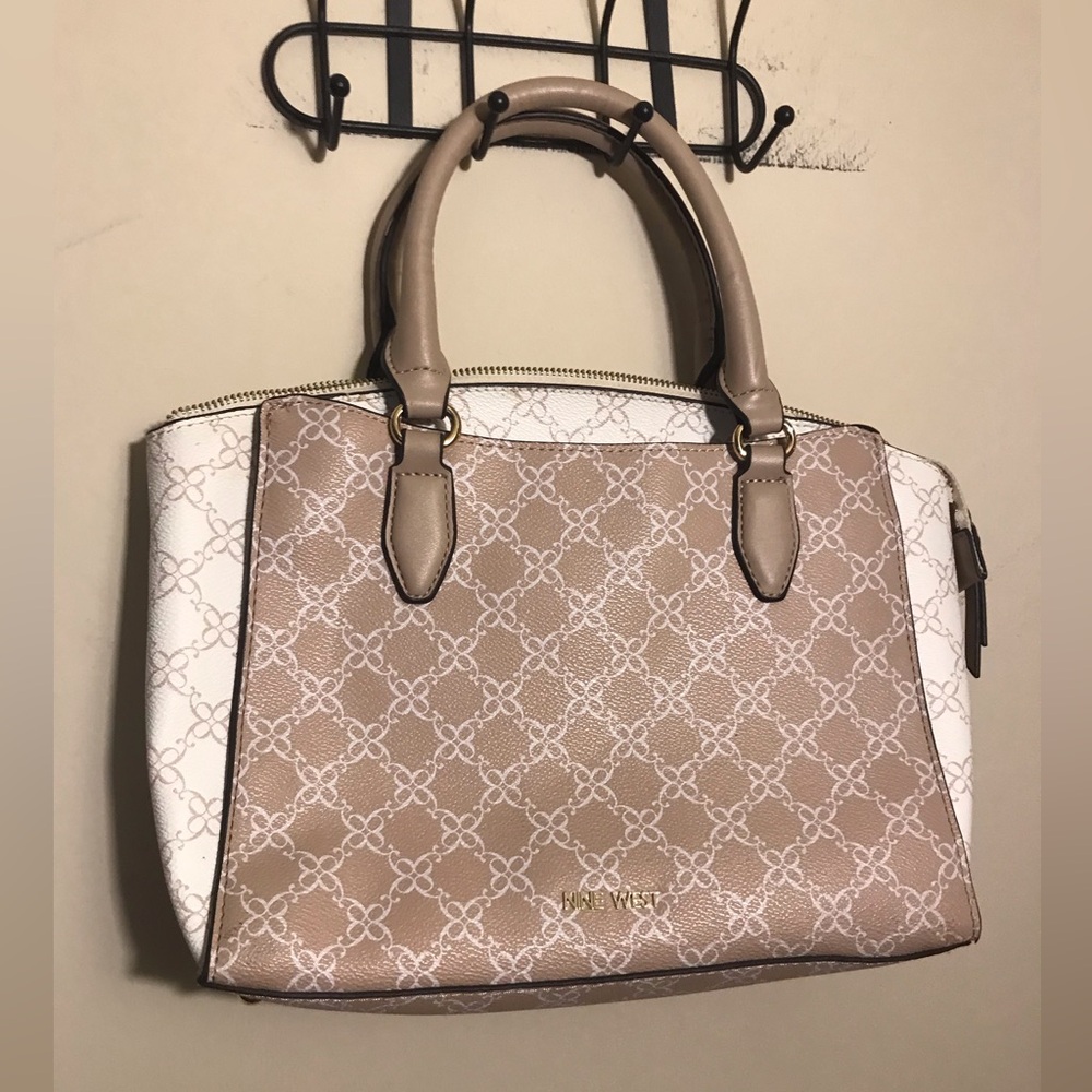 Nine West Beige & White Patterned Satchel Bag